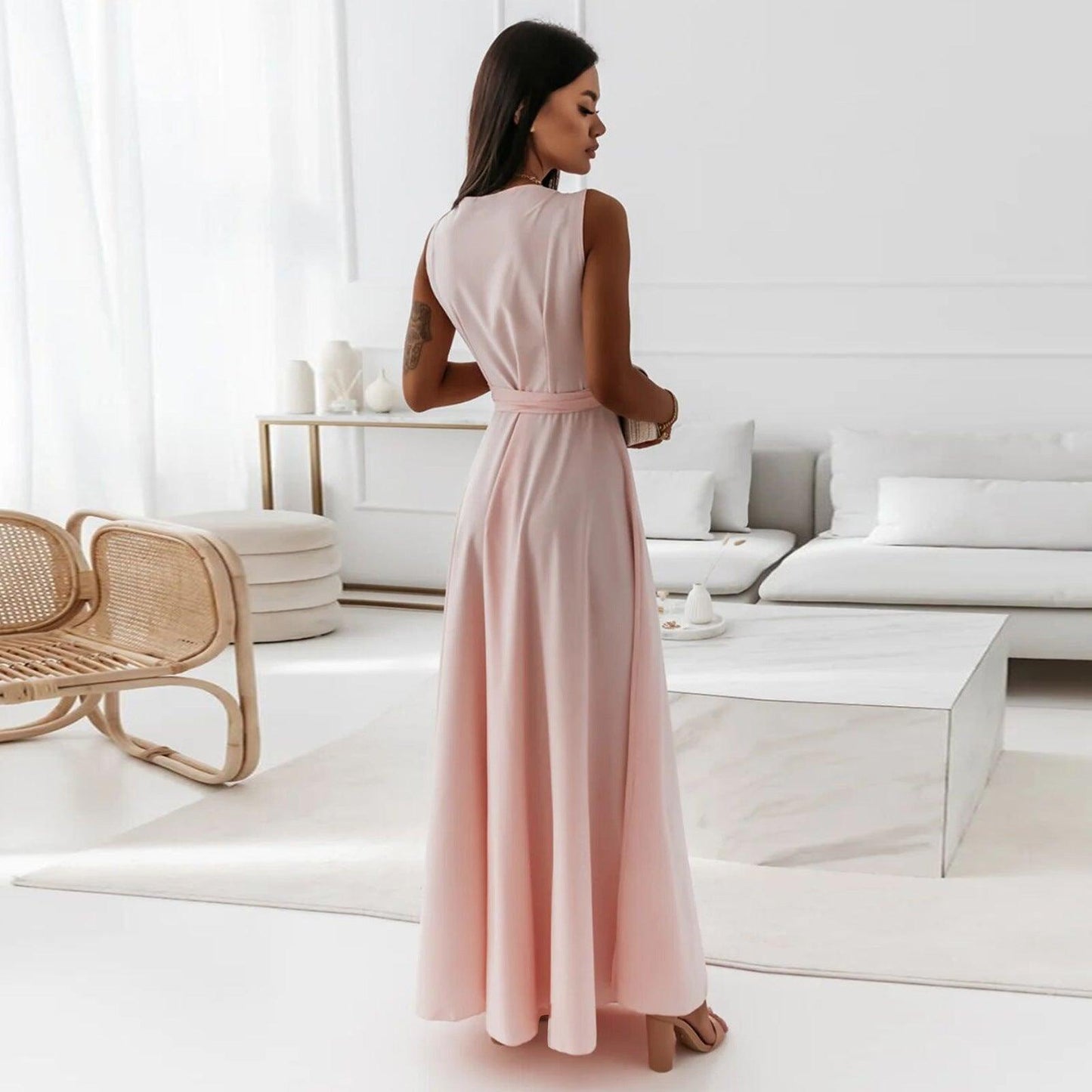 V-neck Sleeveless Dress With Belt Summer Fashion Party
