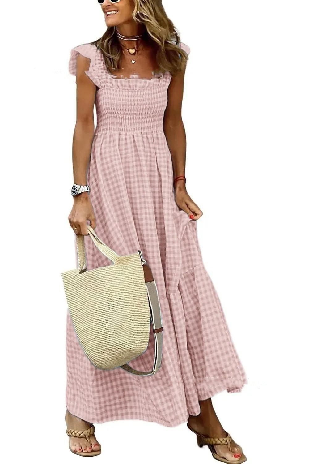 Summer Plaid Print Pleated Ruffle Dress INS Fashion Sleeveless
