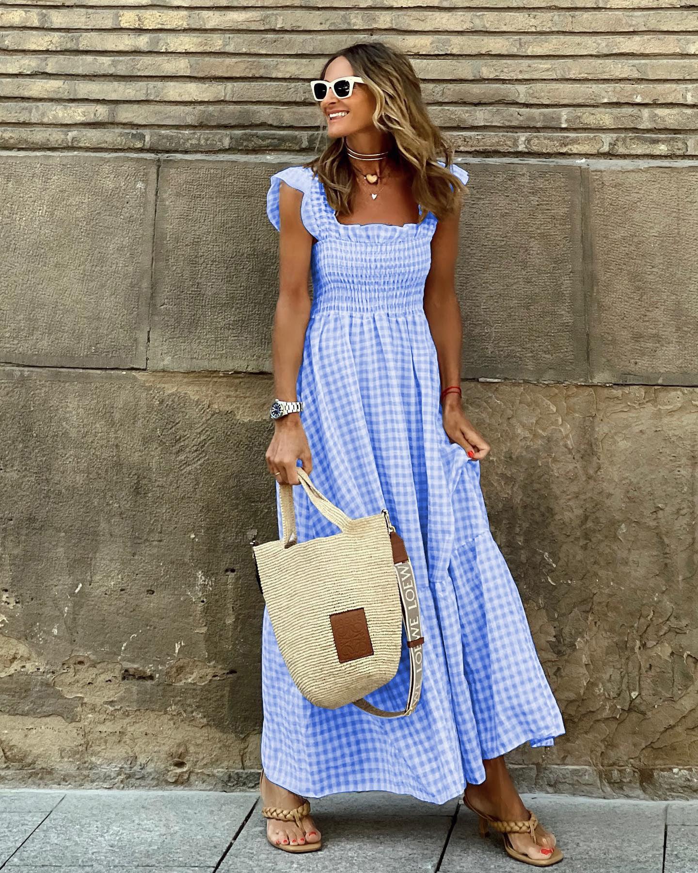 Summer Plaid Print Pleated Ruffle Dress INS Fashion Sleeveless