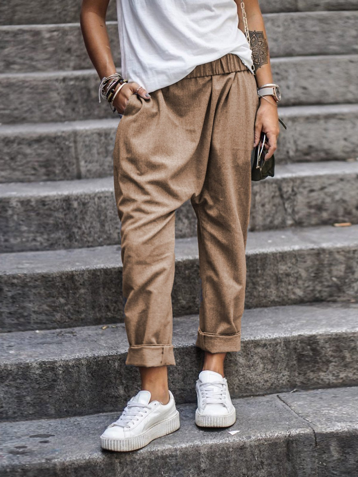 Women's Casual Pants With Pockets Elastic High Waist Harem Trousers