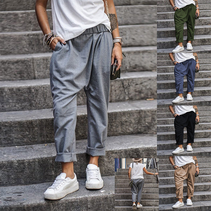 Women's Casual Pants With Pockets Elastic High Waist Harem Trousers