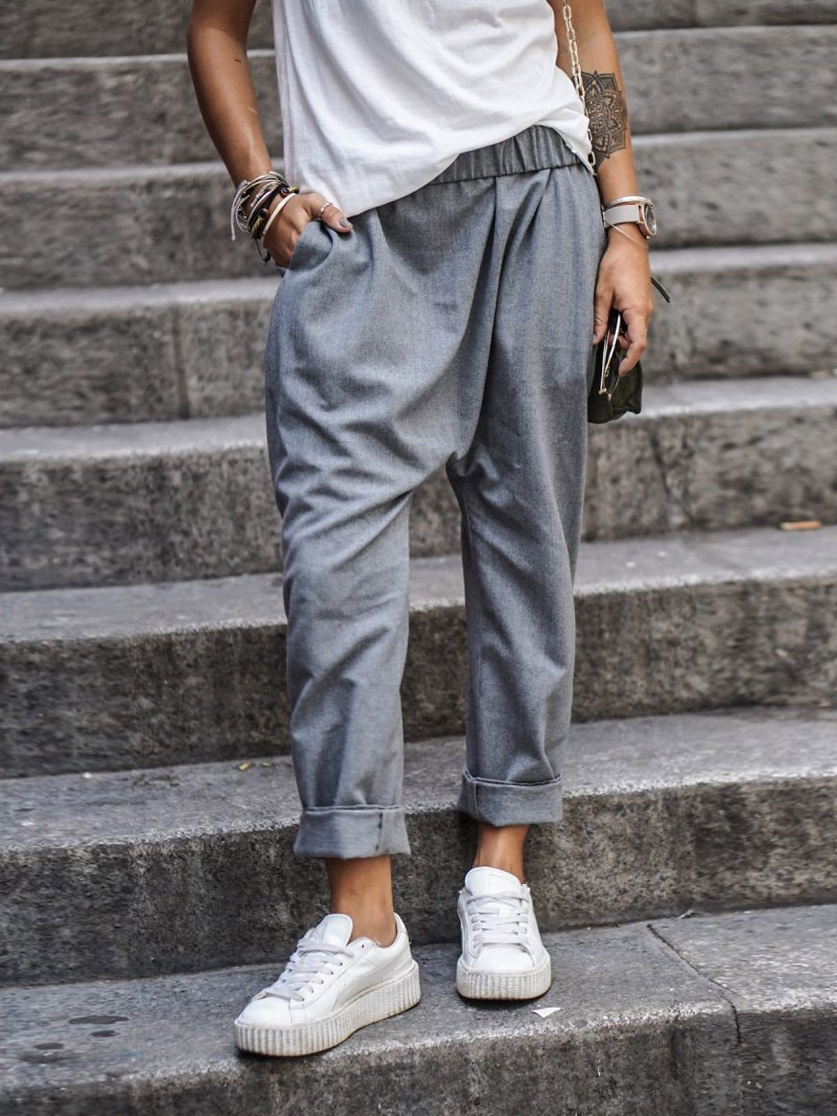 Women's Casual Pants With Pockets Elastic High Waist Harem Trousers