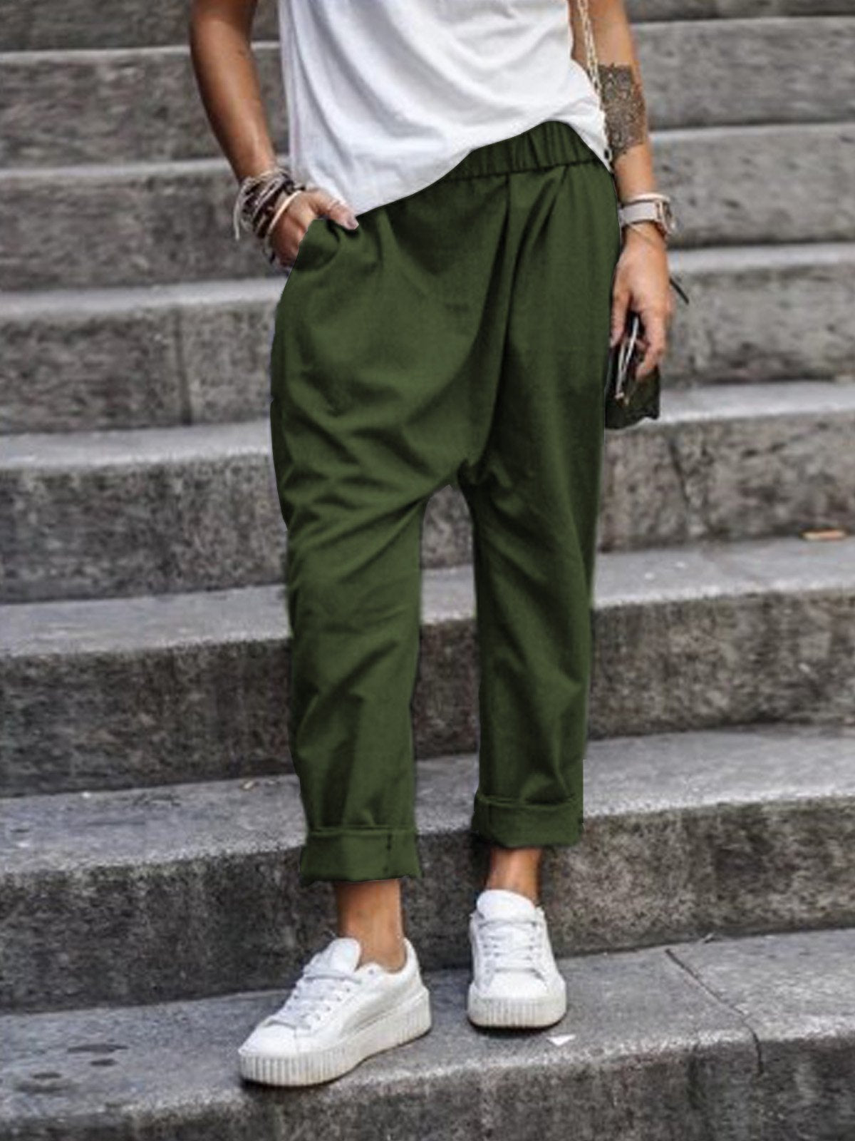 Women's Casual Pants With Pockets Elastic High Waist Harem Trousers