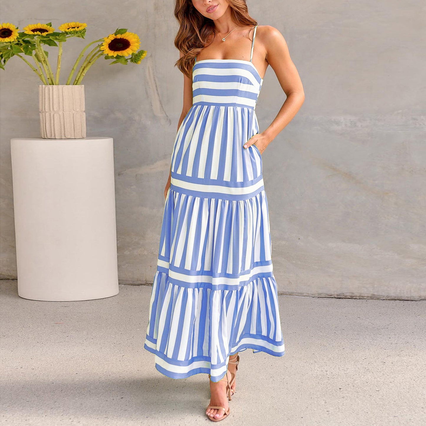 Striped Suspender Dress with Pockets
