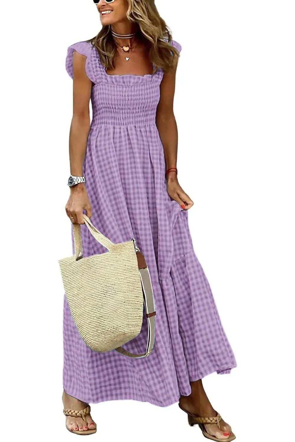 Summer Plaid Print Pleated Ruffle Dress INS Fashion Sleeveless