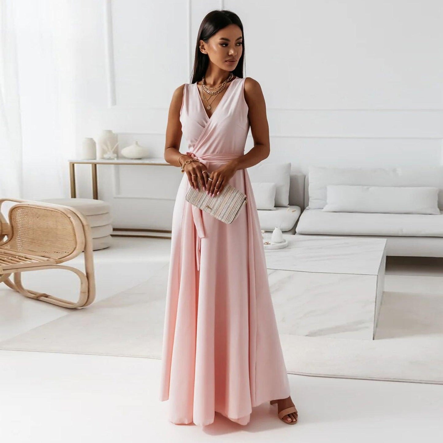 V-neck Sleeveless Dress With Belt Summer Fashion Party