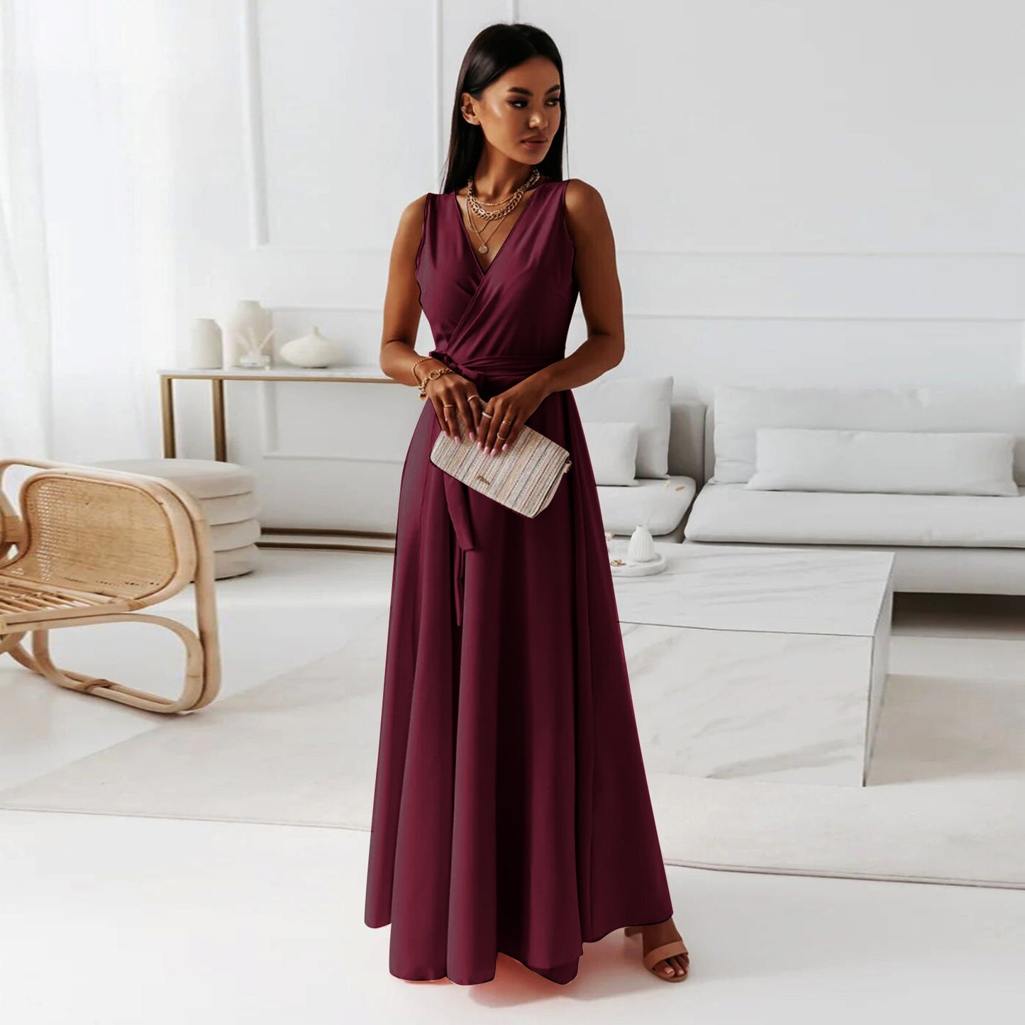 V-neck Sleeveless Dress With Belt Summer Fashion Party