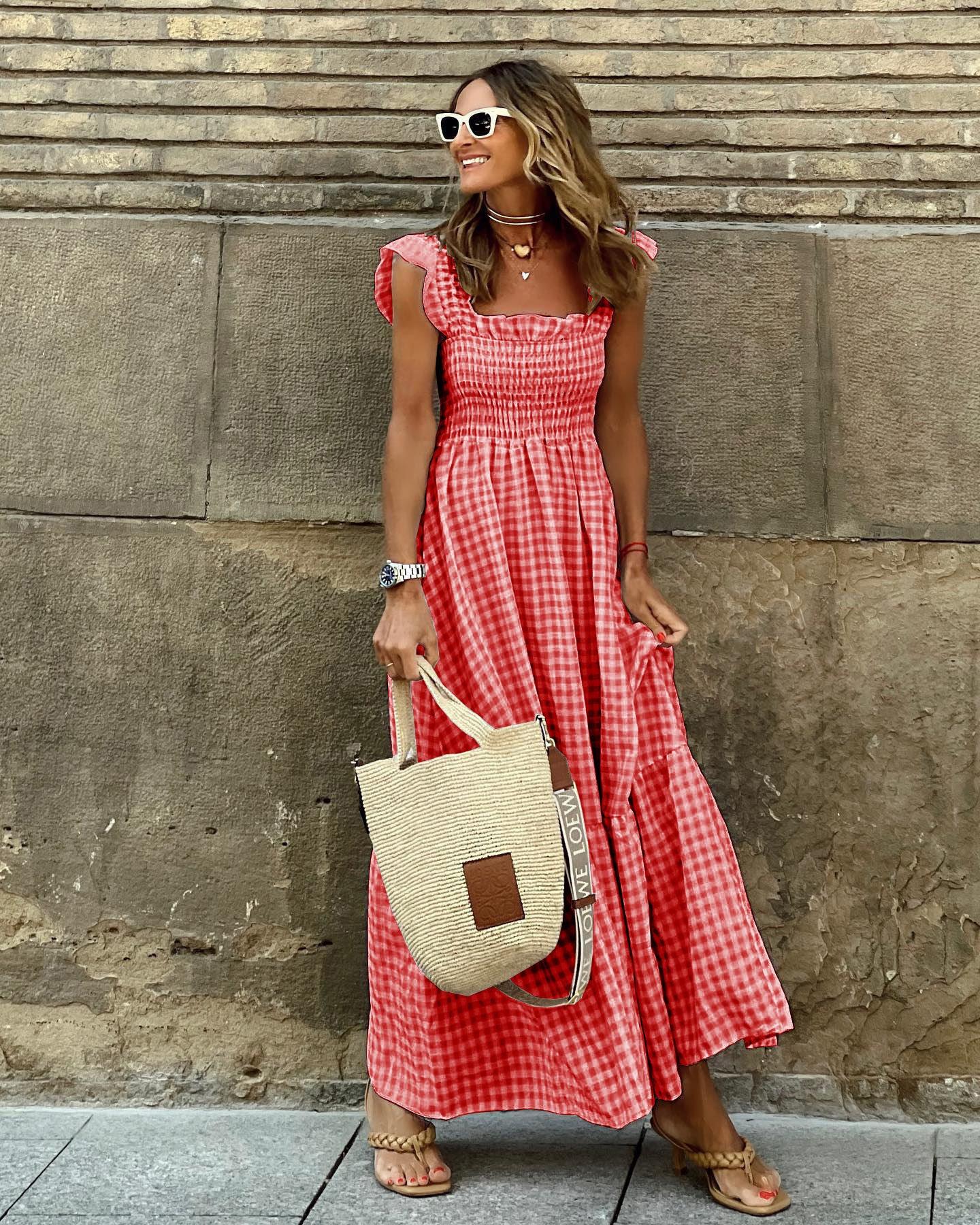 Summer Plaid Print Pleated Ruffle Dress INS Fashion Sleeveless