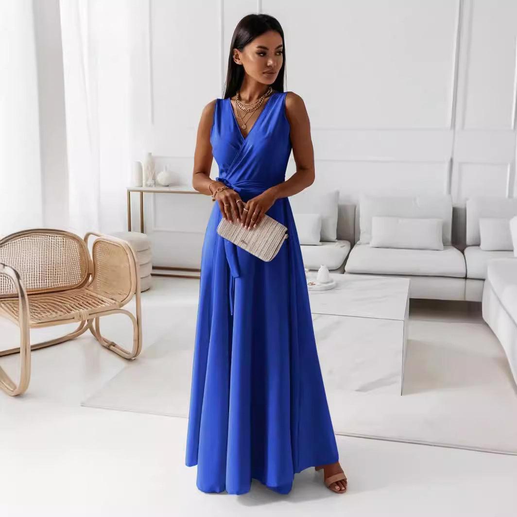 V-neck Sleeveless Dress With Belt Summer Fashion Party