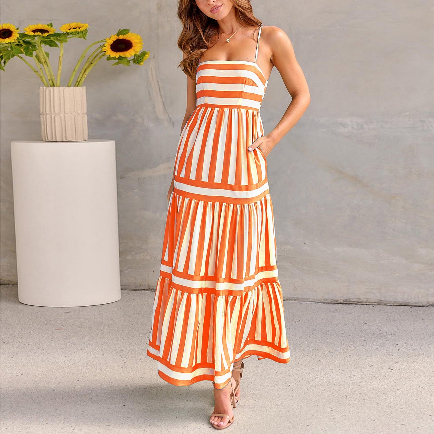 Striped Suspender Dress with Pockets