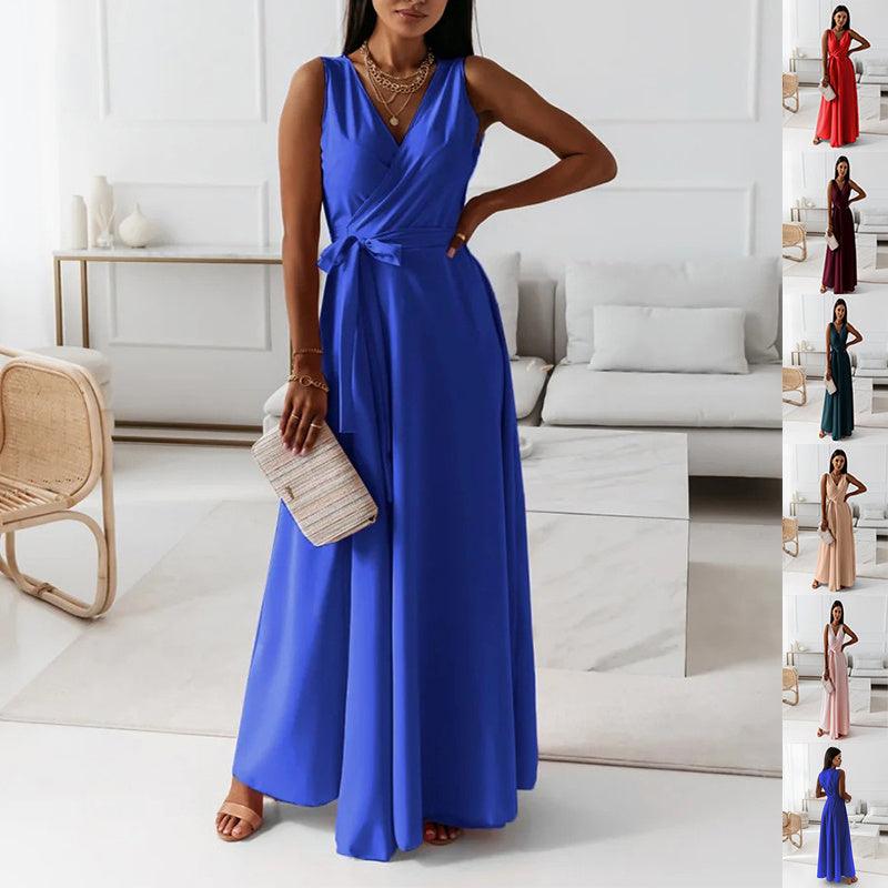 V-neck Sleeveless Dress With Belt Summer Fashion Party