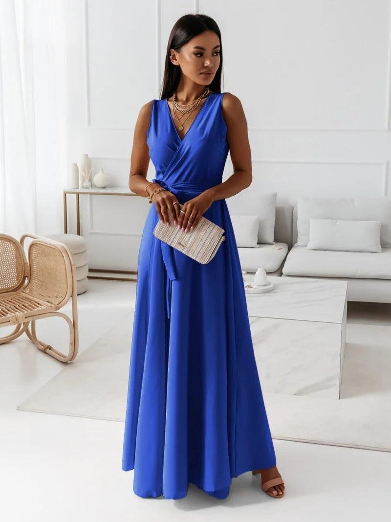 V-neck Sleeveless Dress With Belt Summer Fashion Party