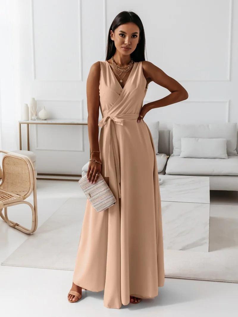 V-neck Sleeveless Dress With Belt Summer Fashion Party