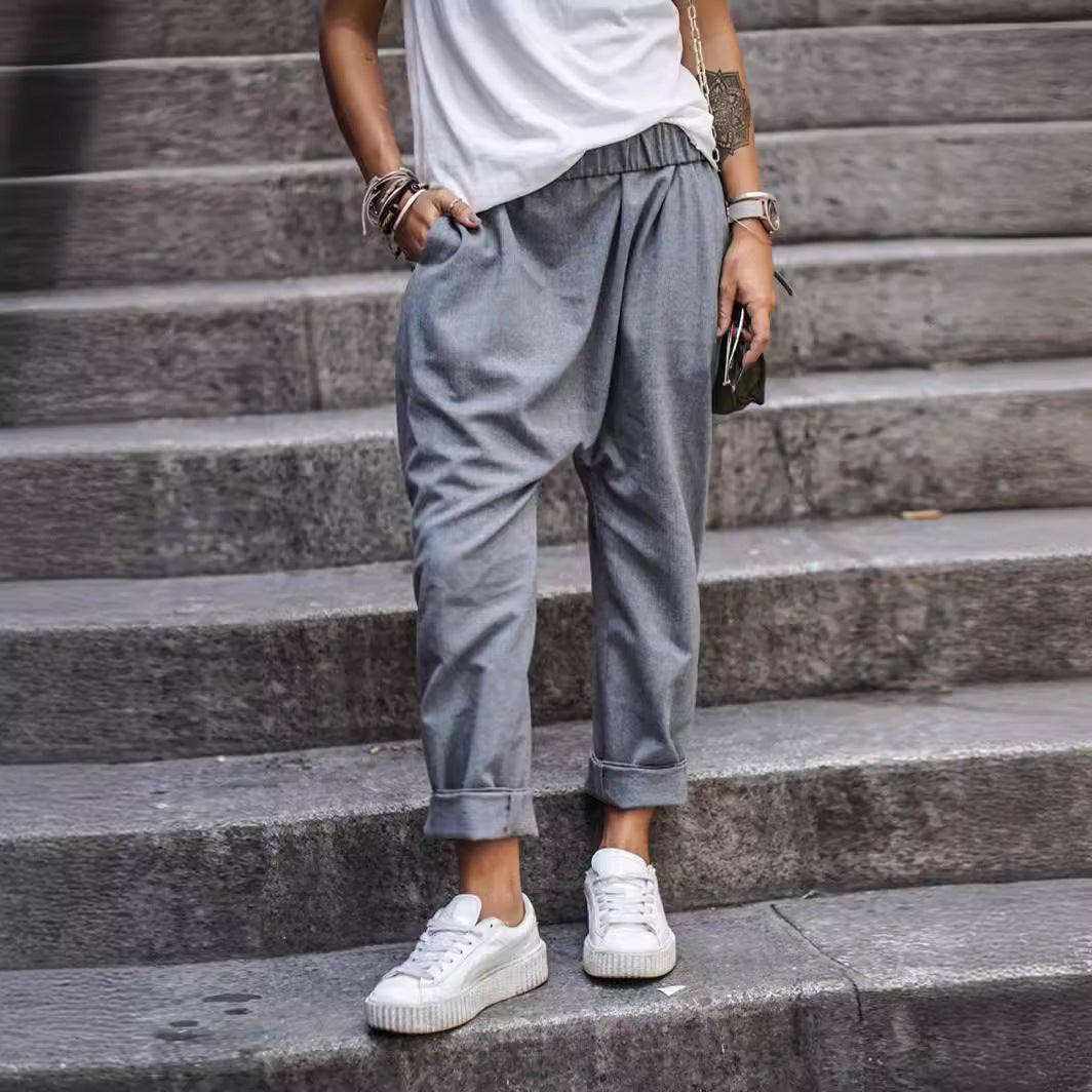 Women's Casual Pants With Pockets Elastic High Waist Harem Trousers