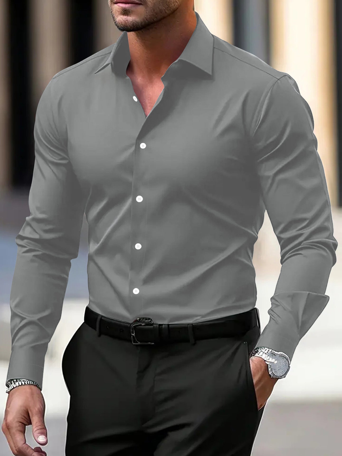 Men's Shirt Business Button Down Shirt Summer Solid Color Long Sleeve