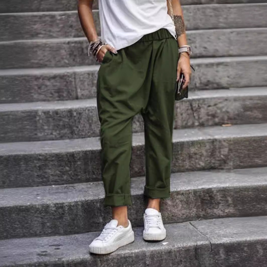 Women's Casual Pants With Pockets Elastic High Waist Harem Trousers