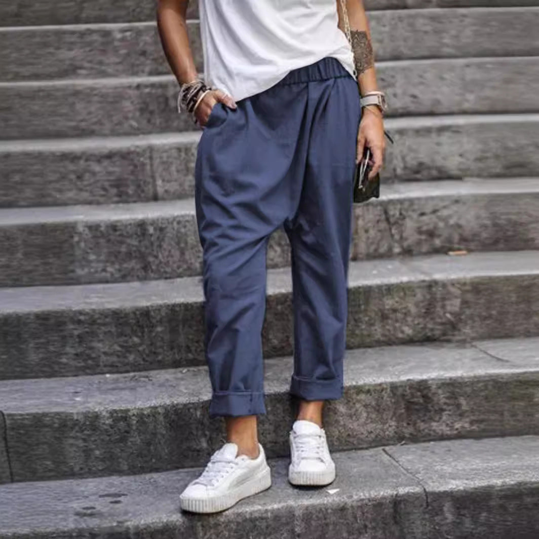 Women's Casual Pants With Pockets Elastic High Waist Harem Trousers