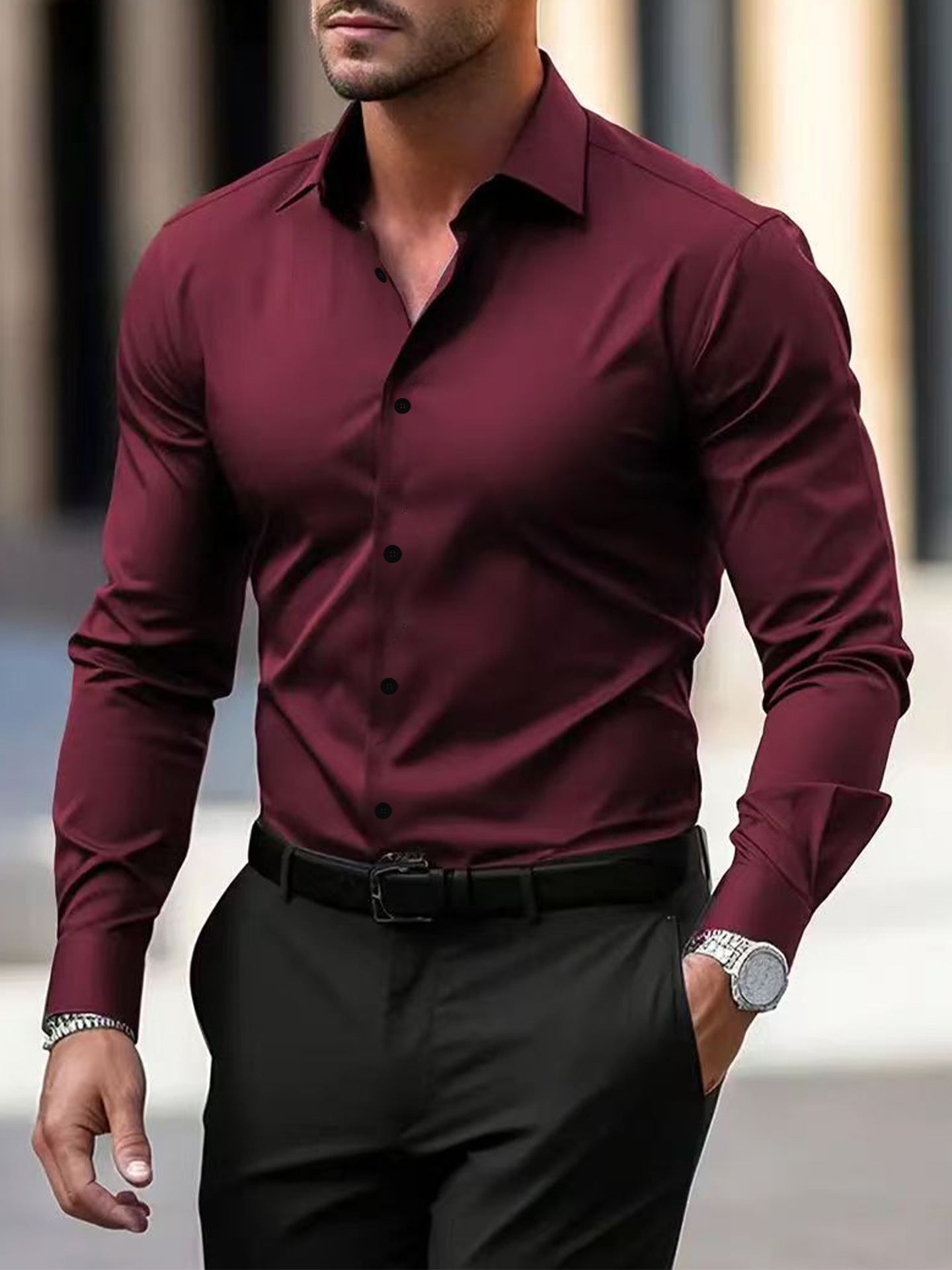 Men's Shirt Business Button Down Shirt Summer Solid Color Long Sleeve