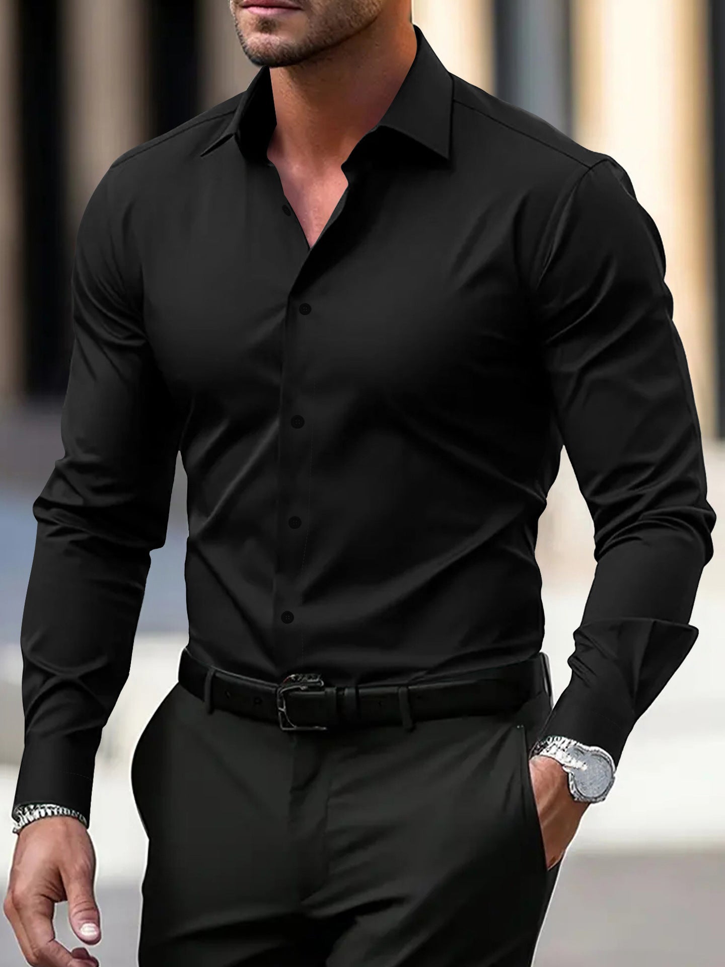 Men's Shirt Business Button Down Shirt Summer Solid Color Long Sleeve