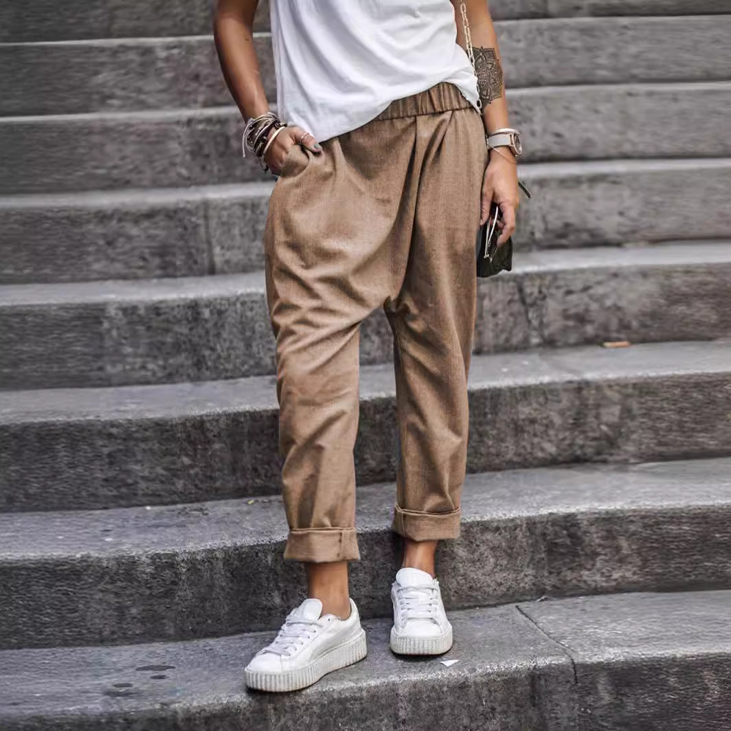 Women's Casual Pants With Pockets Elastic High Waist Harem Trousers