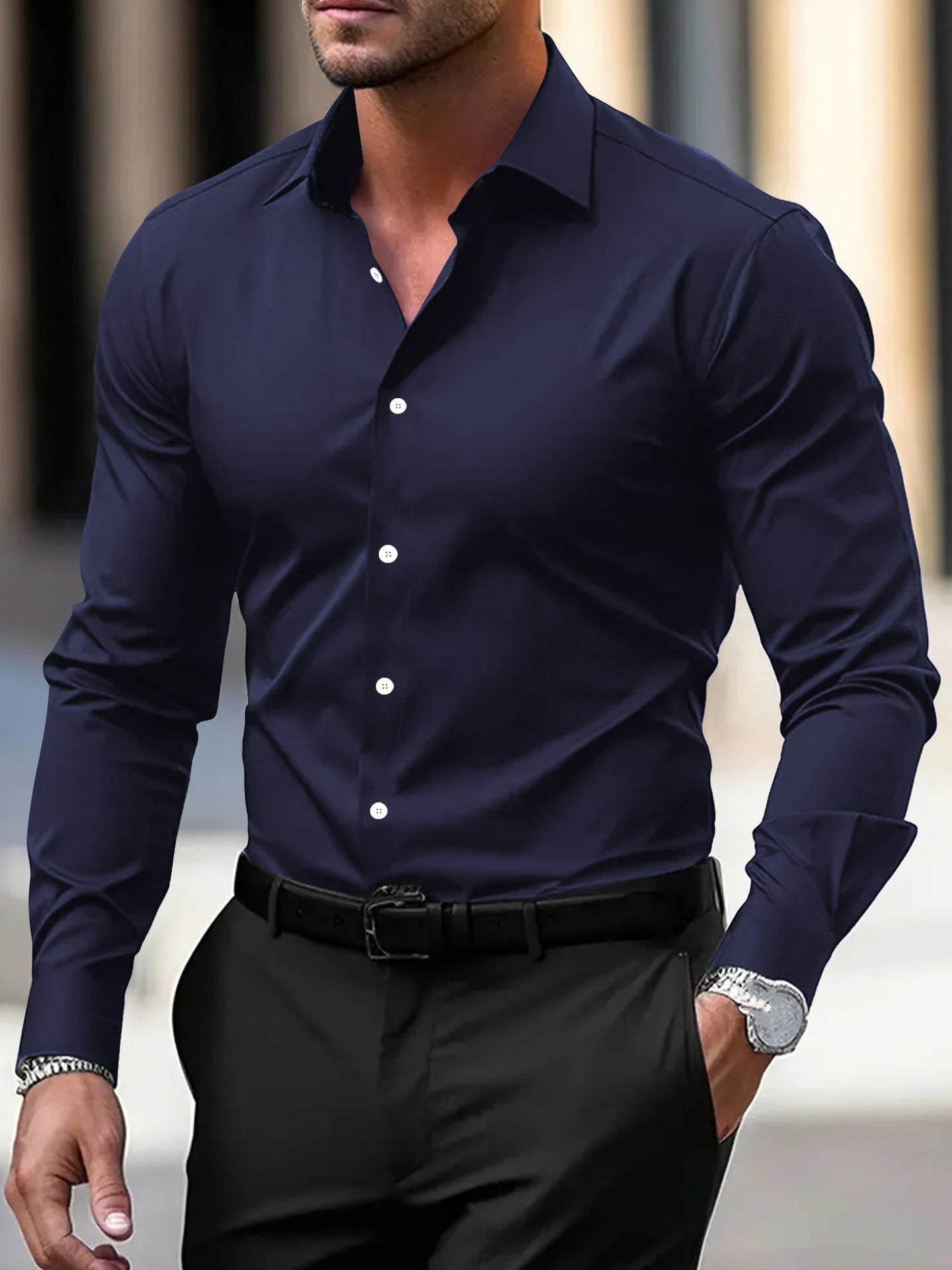 Men's Shirt Business Button Down Shirt Summer Solid Color Long Sleeve