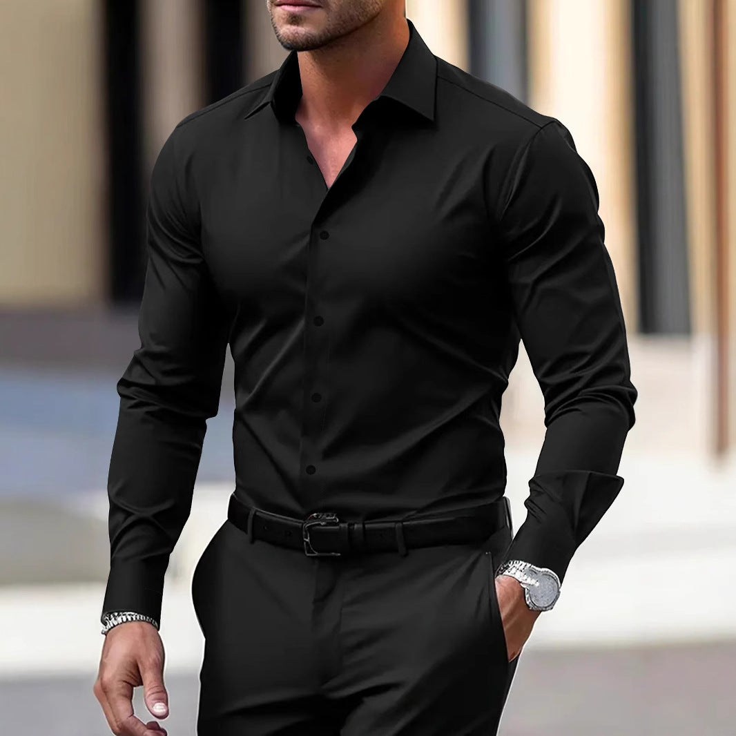 Men's Shirt Business Button Down Shirt Summer Solid Color Long Sleeve