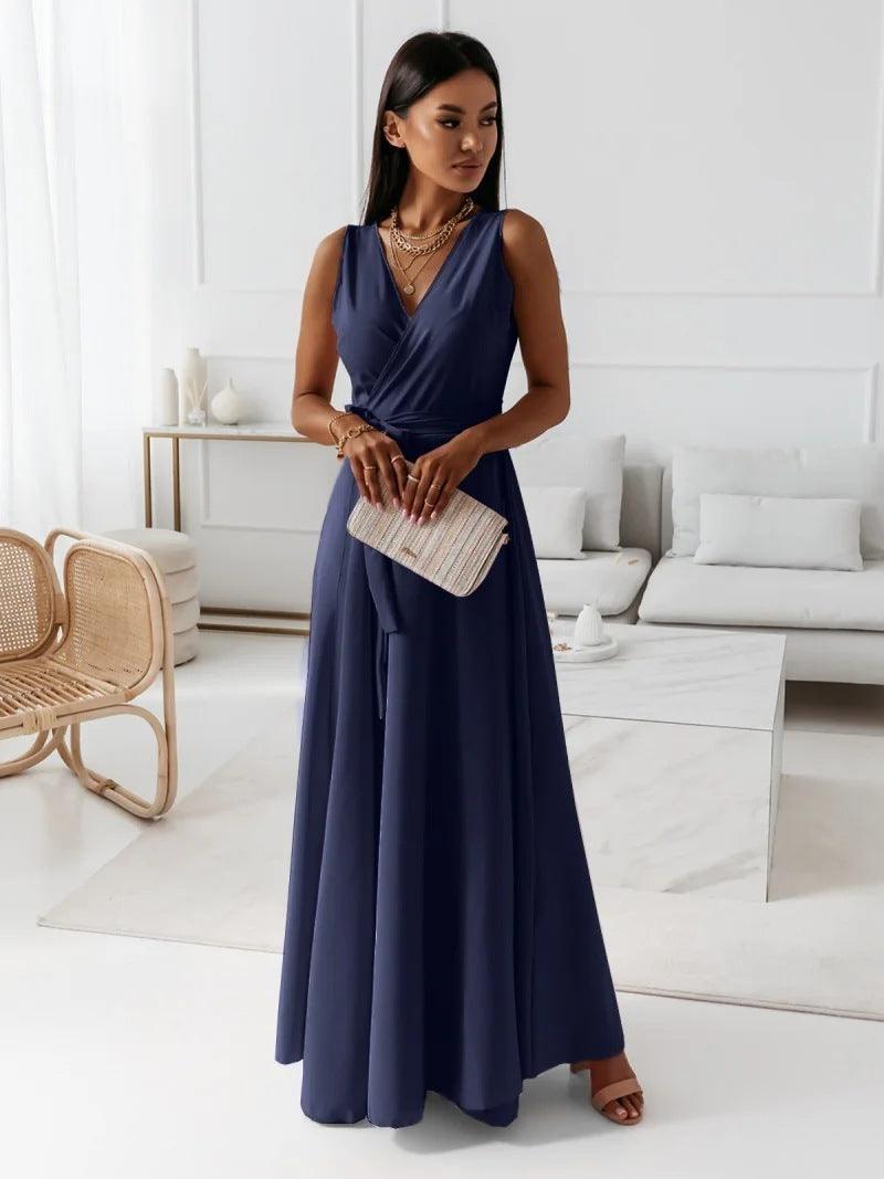 V-neck Sleeveless Dress With Belt Summer Fashion Party