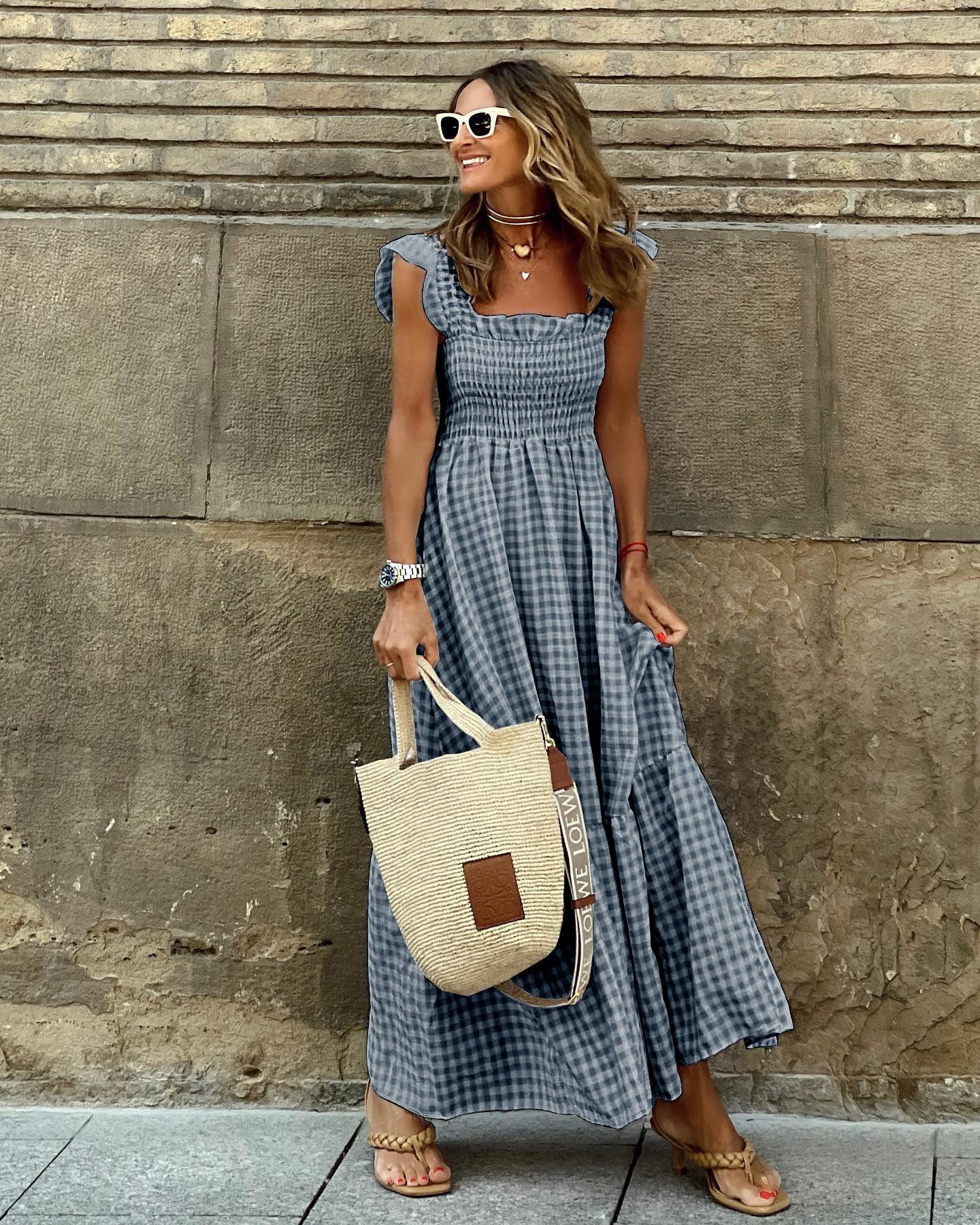 Summer Plaid Print Pleated Ruffle Dress INS Fashion Sleeveless