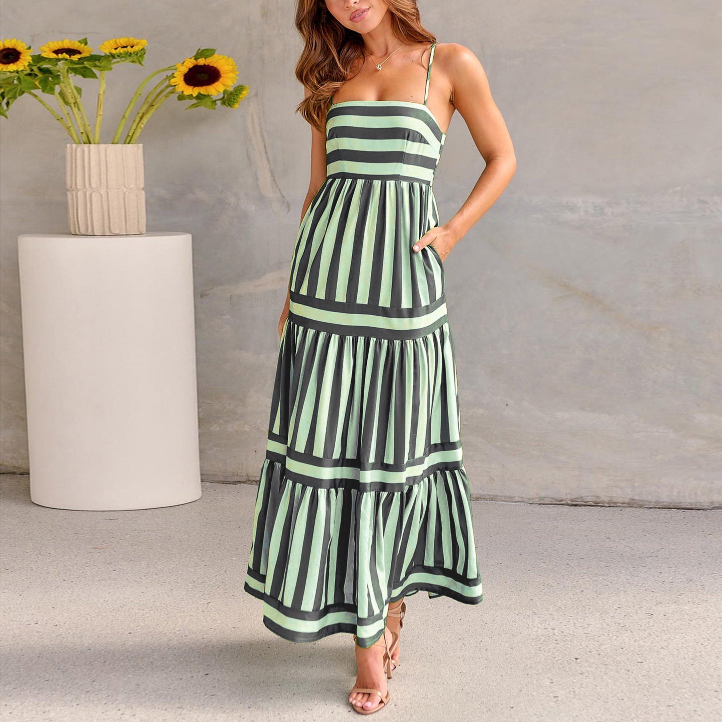 Striped Suspender Dress with Pockets