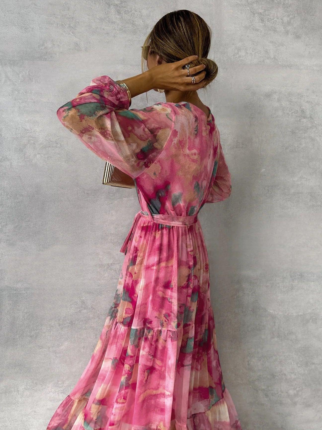 Long-sleeved Floral Print Dress Elegant V-neck Pleated