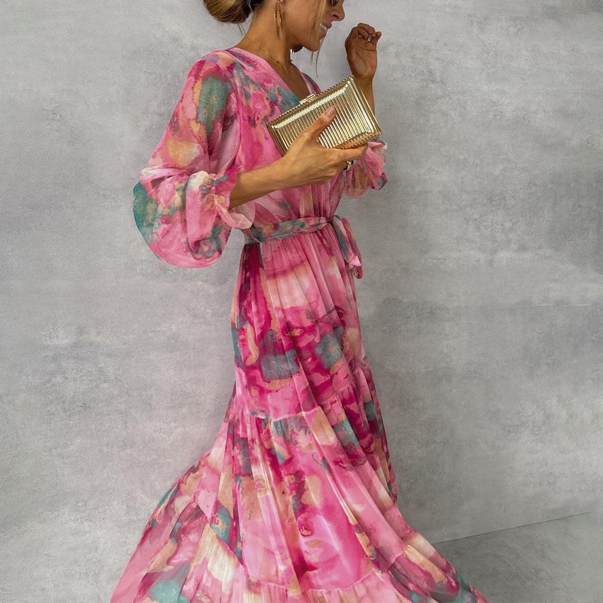 Long-sleeved Floral Print Dress Elegant V-neck Pleated