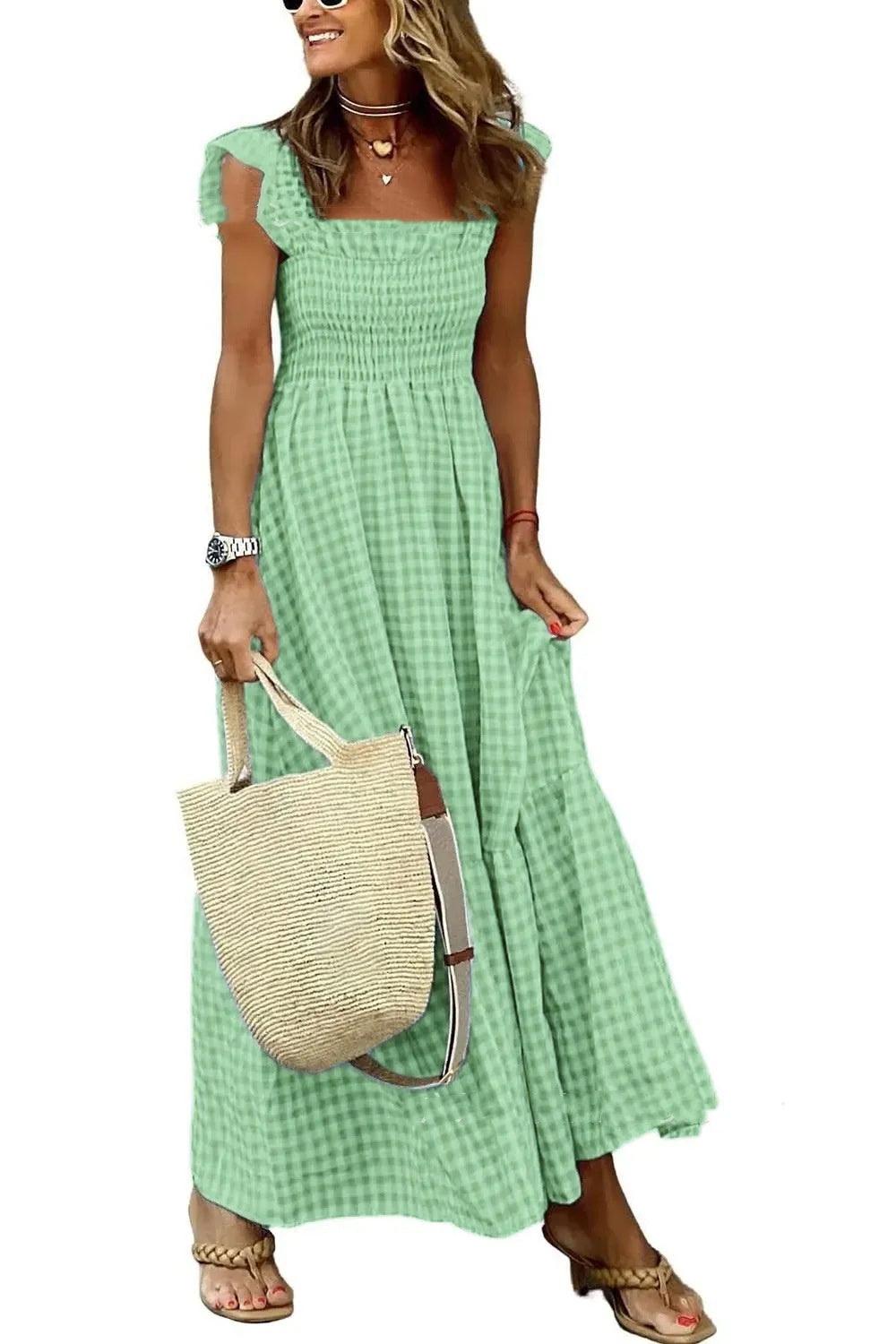 Summer Plaid Print Pleated Ruffle Dress INS Fashion Sleeveless
