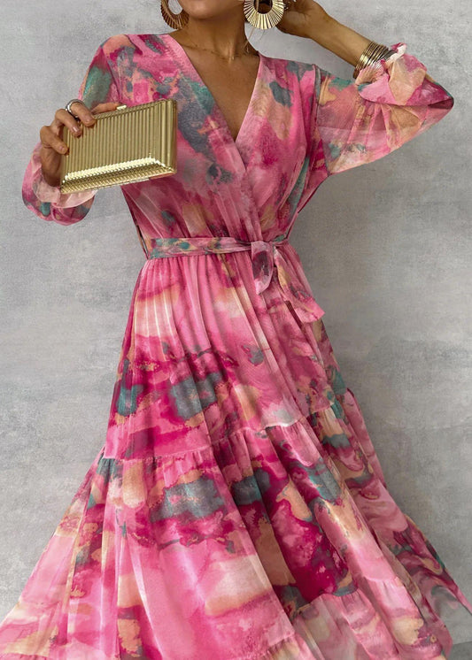 Long-sleeved Floral Print Dress Elegant V-neck Pleated