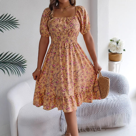 Floral Ruffle Summer Dress-Square Neck