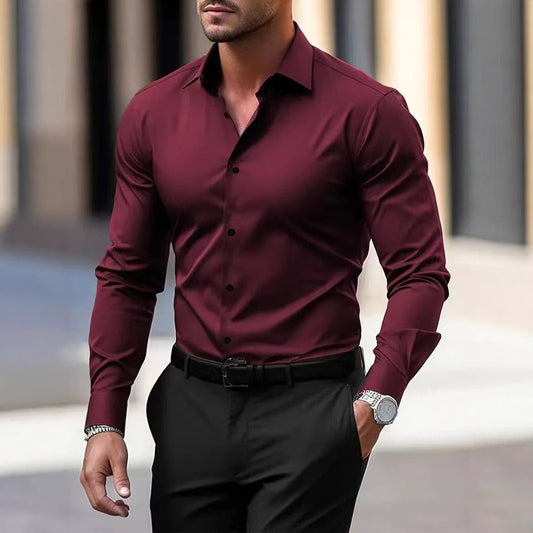 Men's Shirt Business Button Down Shirt Summer Solid Color Long Sleeve