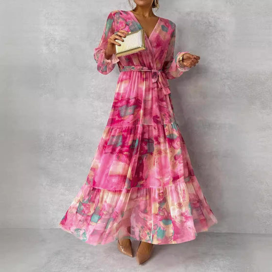 Long-sleeved Floral Print Dress Elegant V-neck Pleated
